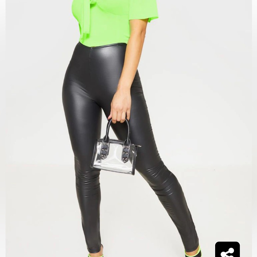 Petite Black PU V Front Leggings - PLT